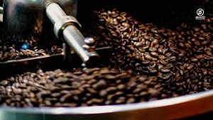 Freshly roasted coffee beans cooling after roasting process.