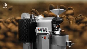 A hot air coffee roaster warming up quickly to reduce energy waste.