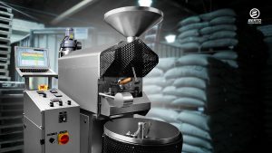 Close-up view of Berto Type D roaster with advanced hardware and smart control system for safe roasting.