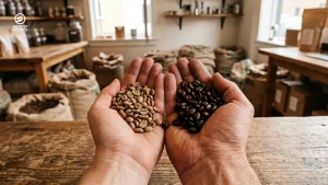 Hands holding light and dark roasted coffee beans.