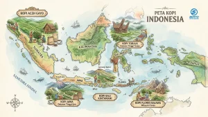 Ilustrasi peta kopi Indonesia yang menampilkan lima daerah penghasil biji kopi paling terkenal.